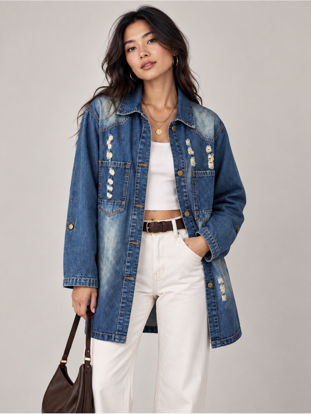 Woman Distressed Denim Jacket Shirt Dress Medium Medium Wash Long Sleeve